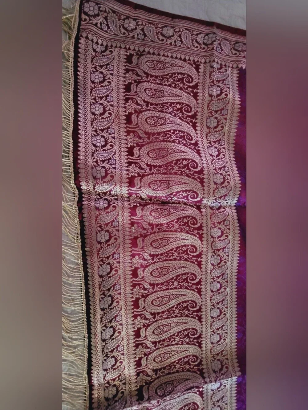New J.Peterman shawl wrap purple mauve gold-tone shimmer rayon fringes $250